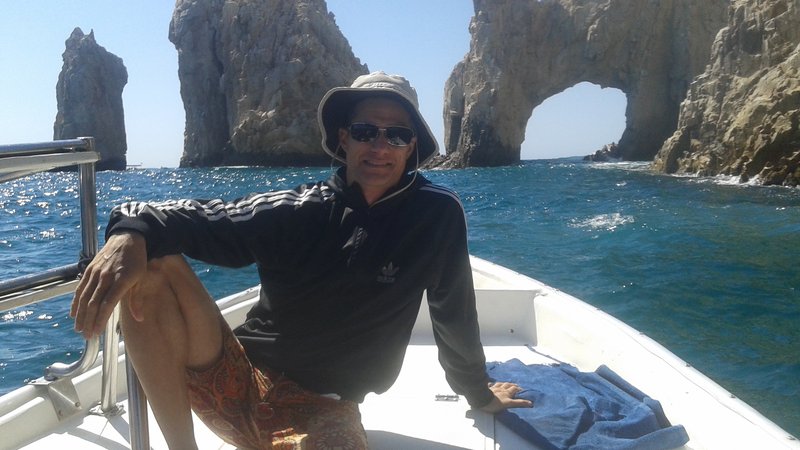 On the bow of the dive boat in Cabo